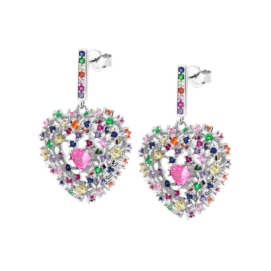 Ohrringe Herznest mit multicolor Zirkonen und rosa Zirkon-Herz, innen Silber 925 rhodiniert. - MeinSchmuckShop