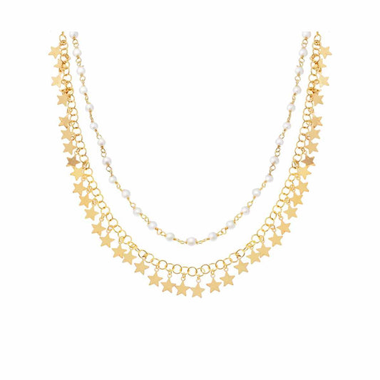 Zwei-Strang-Perlenkette und Kette mit Sternen, schlichte Anhänger aus 925er Silber, gold galvanisiert - MeinSchmuckShop