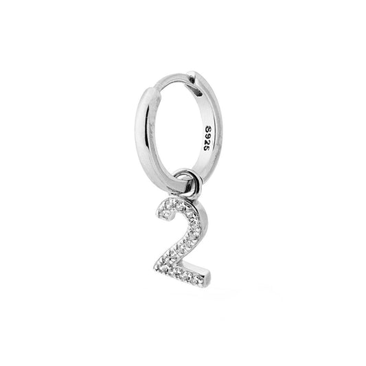 Ohrring Creolen mit Locken Creole, Anhänger mit der Zahl Zwei, mit weißen Zirkonien aus 925er Silber rhodiniert - MeinSchmuckShop