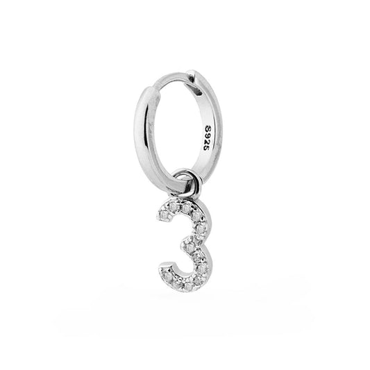 Ohrring Creolenkreis Creola mit der Zahl Drei als Anhänger, mit weißen Zirkonen, aus 925er Silber, rhodiniert - MeinSchmuckShop