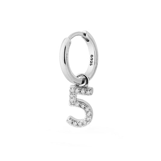 Ohrring Creolen-Creole mit der Zahl 5 als Anhänger, mit weißen Zirkonen, aus 925er Silber rhodiniert - MeinSchmuckShop