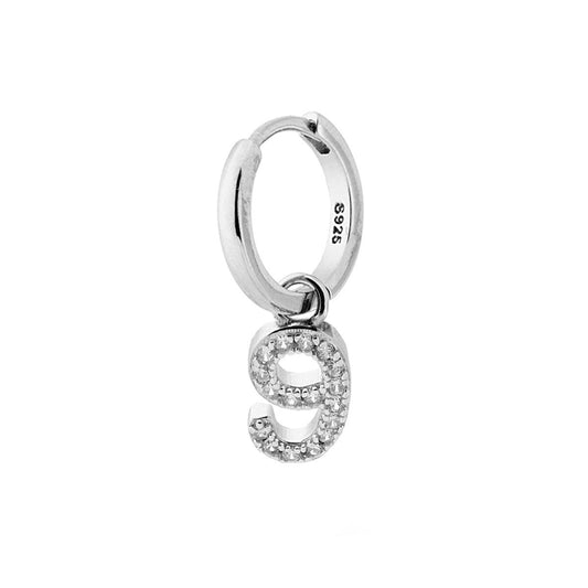Creolen-Hoop-Ohrring mit Nr. 9, Anhänger mit weißen Zirkonen, aus 925er Silber rhodiniert - MeinSchmuckShop