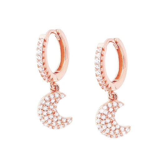 Ohrringe Kreise Snap-Verschluss 15 mm mit Mondanhänger und weißen Zirkonen, 925er Silber, rosé galvanisiert - MeinSchmuckShop