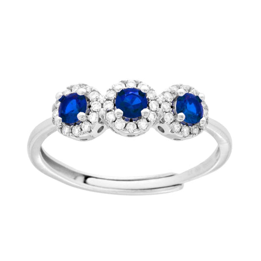 Trilogie-Ring mit blauem Zirkonia (Cubic Zirconia) in 925er Silber rhodiniert - MeinSchmuckShop