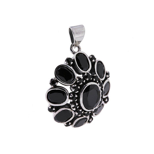 Ethnischer Anhänger Ovalblume mit natürlichen Onyx-Steinen aus 925er Silber - MeinSchmuckShop