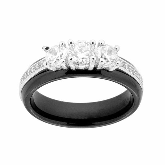 Trilogie-Ring aus schwarzer Keramik mit weißen Zirkonen, in rhodiniertem 925er Silber - MeinSchmuckShop