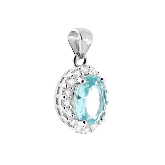 Anhänger mit ovalem Aquamarin-Zirkon, von weißen Zirkonen umrandet, aus 925er Silber rhodiniert - MeinSchmuckShop