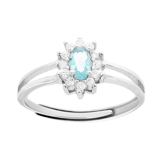 Solitärring mit ovalem Aquamarin, von weißen Zirkonen umrahmt, aus 925er Silber rhodiniert. - MeinSchmuckShop
