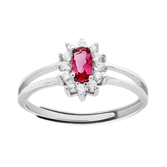 Solitär-Ring mit ovalem rubinroten Zirkon, umrandet von weißen Zirkonen, aus Silber 925 rhodiniert. - MeinSchmuckShop