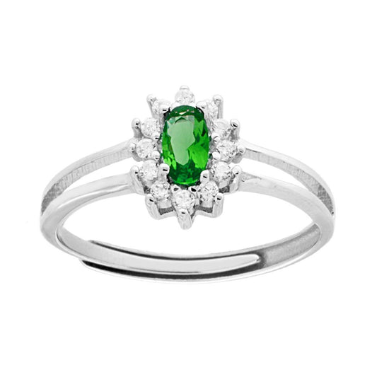 Solitärring mit ovalem smaragdgrünen Zirkon, umgeben von weißen Zirkonen, aus 925er Silber rhodiniert - MeinSchmuckShop