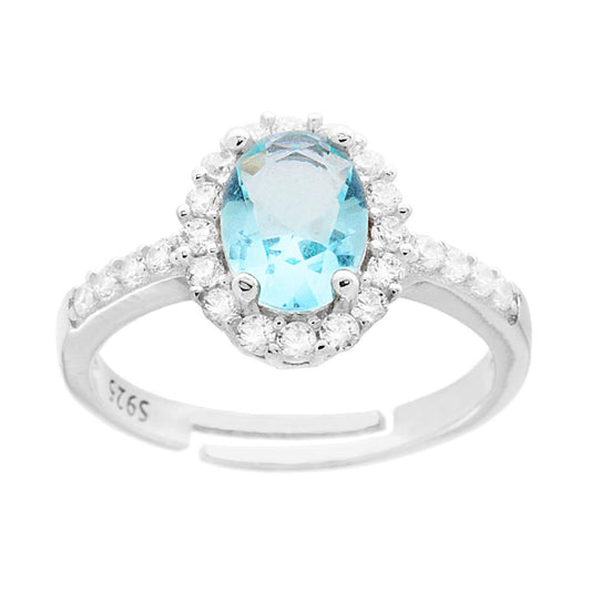 Halo-Solitärring mit ovalem Aquamarin, umrandet von weißen Zirkonen, aus 925er Silber, rhodiniert - MeinSchmuckShop
