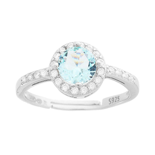 Solitärring mit Halo, rundem Aquamarin, umgeben von weißen Zirkonen, aus 925er Silber, rhodiniert - MeinSchmuckShop