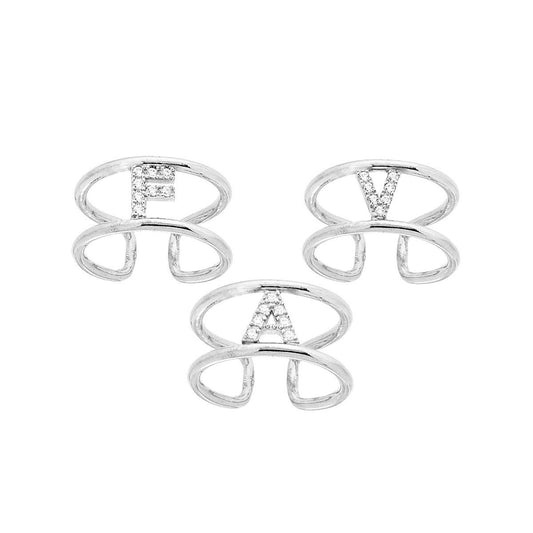 Ring mit doppeltem Schaft, Initialbuchstabe, weiße Zirkone, 925er Silber, rhodiniert - MeinSchmuckShop