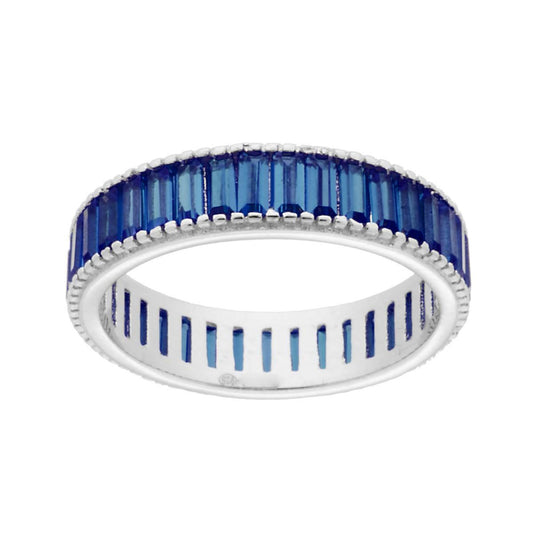 Ewigkeitsring mit blauer Zirkonia im Saphir-Baguette-Schliff, aus 925er Silber, rhodiniert. - MeinSchmuckShop