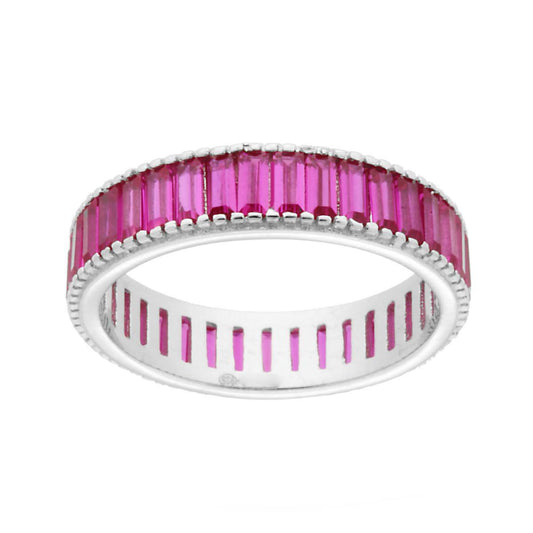 Eternity-Ring mit rubinrotem Cubic Zirconia im Baguette-Schliff aus 925er Silber, galvanisch rhodiniert. - MeinSchmuckShop
