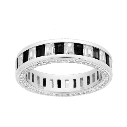 Eternity-Veretta-Ring mit weißen und schwarzen kubischen Zirkonen, Baguette-Schliff, aus 925er Silber, rhodiniert. - MeinSchmuckShop