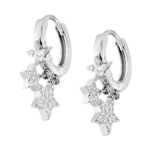 Ohrringe Kreis Ø13 mm mit hängenden Sternen und weißen Zirkonien aus Silber 925, rhodiniert - MeinSchmuckShop