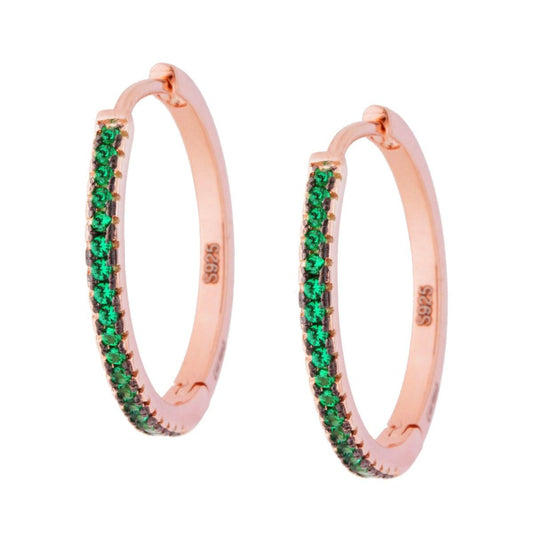Kreisohrringe Ø 25 mm mit Zirkonen in Smaragdgrün, aus Silber 925, roségold galvanisch veredelt - MeinSchmuckShop