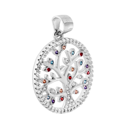 Lebensbaum-Anhänger mit weißen Cubic Zirconia und Multicolor in 925er Silber, rhodiniert galvanisch. - MeinSchmuckShop