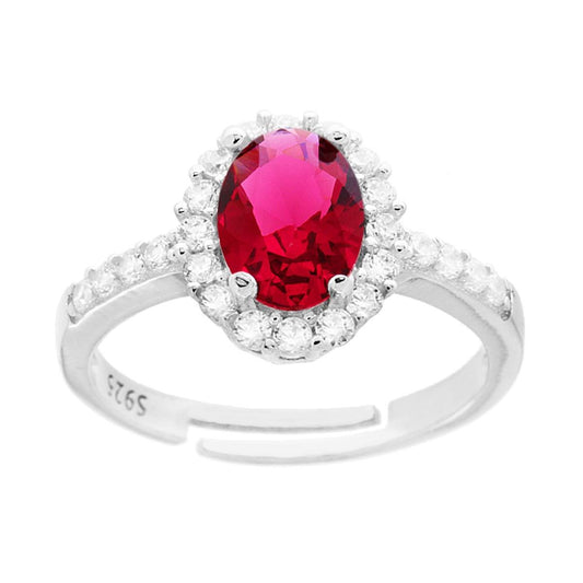 Solitärring mit Halo, ovaler rubinroter Zirkon, umrundet von weißen Zirkonen, aus 925er Silber rhodiniert - MeinSchmuckShop