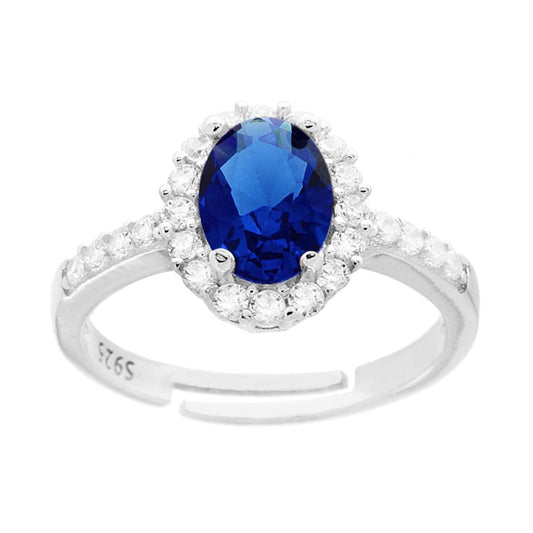 Halo-Solitärring mit ovalem blauen Saphir, umgeben von weißen Zirkonien, in 925er Silber rhodiniert - MeinSchmuckShop