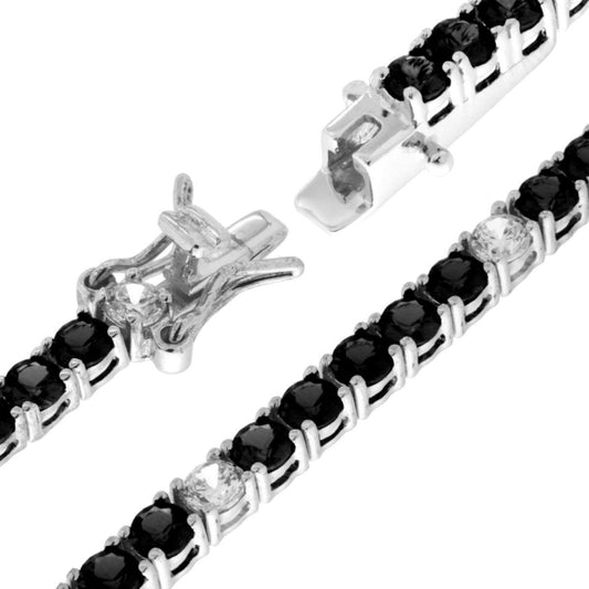 Tennisarmband mit Fassungen, Länge 18 cm, mit Zirkonen von 3 mm, Schwarz und Weiß abwechselnd, aus 925er Silber, rhodiniert. - MeinSchmuckShop