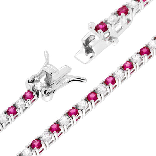 Tennisarmband mit Fassungen, 18 cm, mit 2 mm Zirkonen, Weiß- und Rotrubin abwechselnd, aus 925er Silber rhodiniert. - MeinSchmuckShop