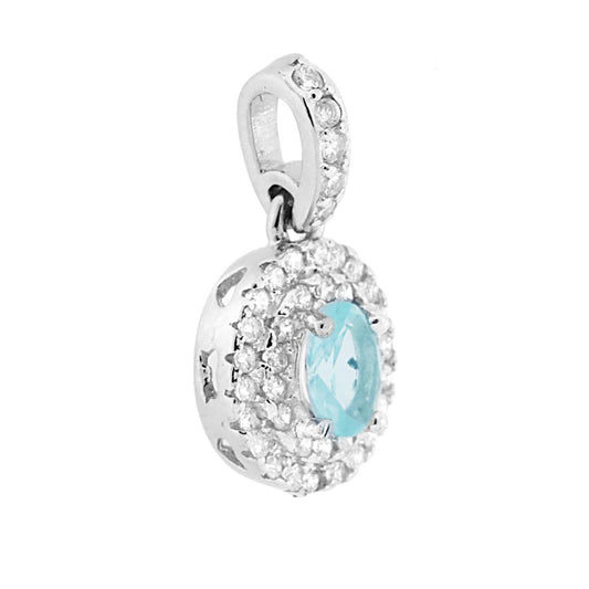 Anhänger mit ovalem Aquamarin-Zirkon, umgeben von weißen Zirkonen, aus 925er Silber galvanisch rhodiniert. - MeinSchmuckShop