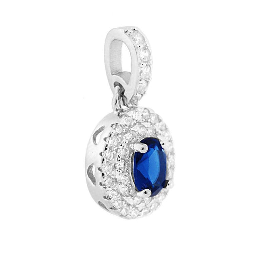 Anhänger mit ovalem blauen Saphir-Zirkon, umgeben von weißen Zirkonen, aus 925er Silber, rhodiniert galvanisch veredelt - MeinSchmuckShop