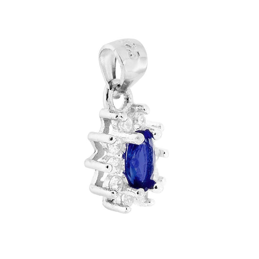 Anhänger mit ovalem blauem Saphir, umrahmt von weißen Zirkonen, aus 925er Silber rhodiniert. - MeinSchmuckShop