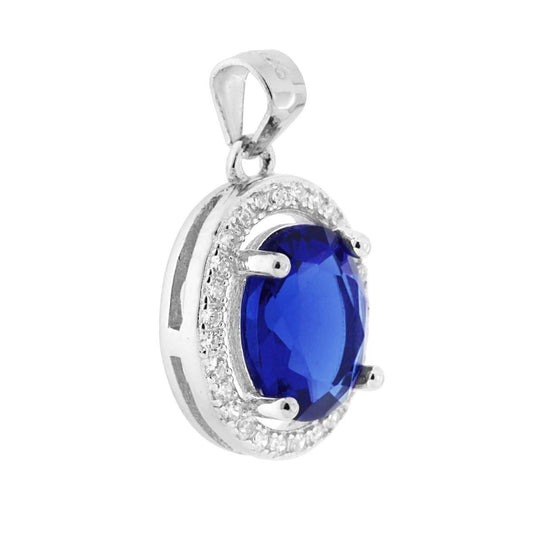 Anhänger mit ovalem blauen Zirkon, umgeben von weißen Zirkonen, aus 925er Silber rhodiumplattiert - MeinSchmuckShop