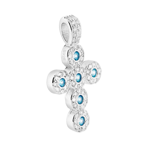 Anhänger lateinisches Kreuz mit Zirkonen, Aquamarin und weißen Zirkonien in 925er Silber rhodiniert - MeinSchmuckShop