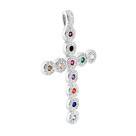 Kreuzanhänger im lateinischen Kreuz mit multicolor und weißen Zirkonien aus Silber 925, galvanisch Rhodium - MeinSchmuckShop