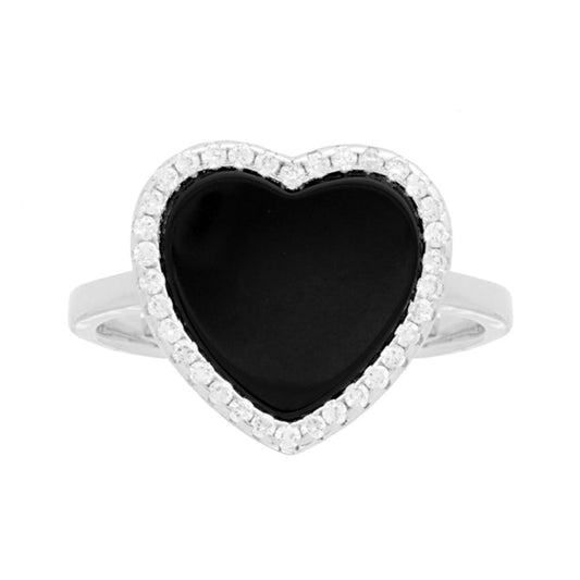 Ring Liebe mit schwarzem Onyx-Herz, umgeben von weißen Cubic Zirconia, aus 925er Silber, galvanisch rhodiniert - MeinSchmuckShop
