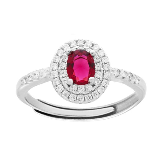 Solitärring mit Halo, ovalem rubinroten Zirkon, von weißen Zirkonen umgeben, aus Silber 925, rhodiniert. - MeinSchmuckShop