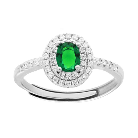 Solitärring mit Halo, ovalem smaragdgrünen Zirkon, umgeben von weißen Zirkonien, aus 925er Silber rhodiniert - MeinSchmuckShop