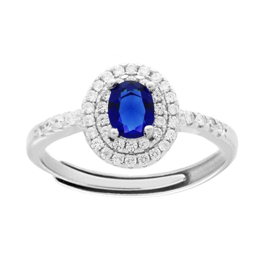 Halo-Solitärring mit ovalem blauen Zirkon-Saphir, umgeben von weißen Zirkonen, aus 925er Silber rhodiniert - MeinSchmuckShop