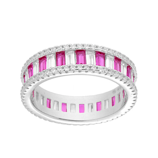 Eternity-Ring mit Cubic Zirconia, Baguette-Schliff, abwechselnd Weiß und Rubinrot, aus 925er Silber, rhodiniert. - MeinSchmuckShop