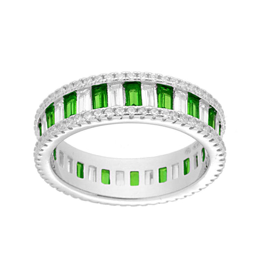 Ewigkeitsring mit Cubic Zirconia im Baguette-Schliff, abwechselnd Weiß und Smaragdgrün, aus 925er Silber, rhodiniert - MeinSchmuckShop