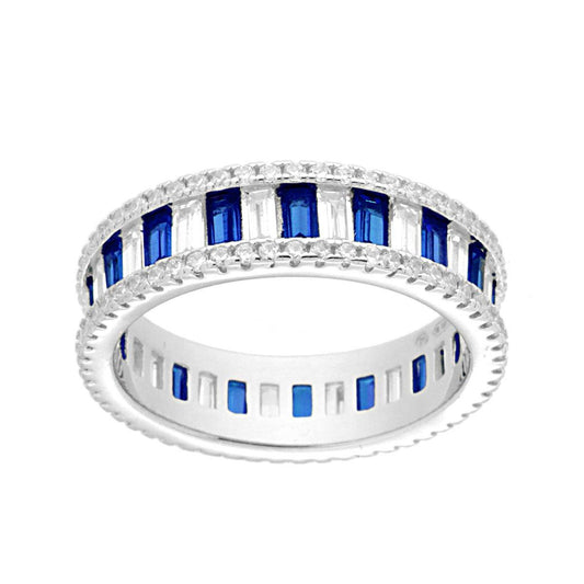 Ewigkeiterring mit Cubic Zirconia, Baguette-Schliff, abwechselnd weiße und blaue Saphire, aus 925er Silber, rhodiniert - MeinSchmuckShop