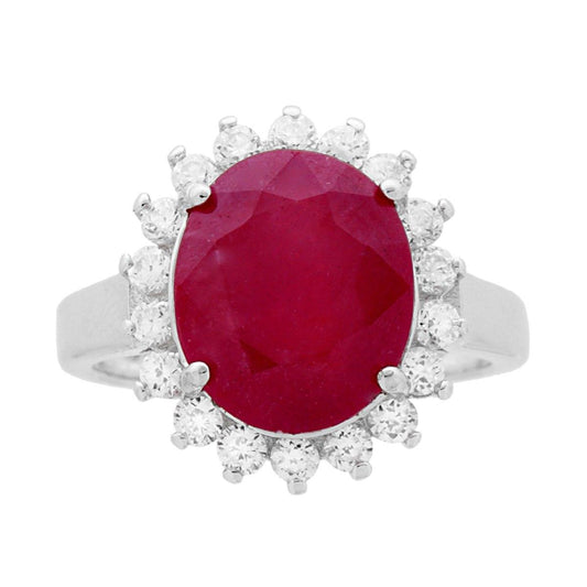 Ring Halo Solitär Naturstein Oval Rubinrot, umgeben von weißen Zirkonen, in rhodiniertem 925er Silber - MeinSchmuckShop