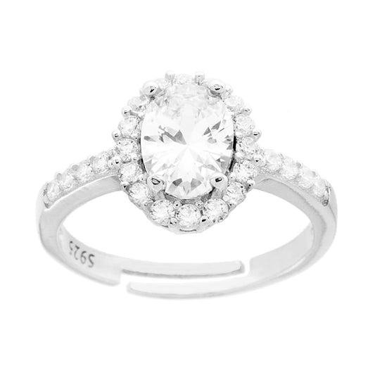 Halo-Solitärring mit ovalem weißen Zirkon (Zirconia), umrahmt von weißen Zirkonen, aus Silber 925 galvanisch rhodiniert. - MeinSchmuckShop