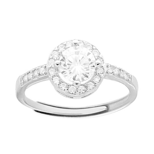 Solitär-Halo-Ring mit weißem, rundem Zirkon, umrandet von weißen Zirkonen, in Silber 925 Rhodium-Galvanik - MeinSchmuckShop