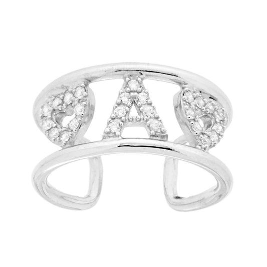 Ring mit breitem Band und doppeltem Schaft, mit dem Anfangsbuchstaben A und Herzen mit weißen Zirkonien aus 925er Silber, rhodiniert. - MeinSchmuckShop