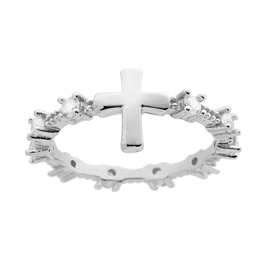 Rosenkranzring mit Kreuz und Cubic Zirconia, Weiß, Silber 925, galvanisch rhodiniert. - MeinSchmuckShop