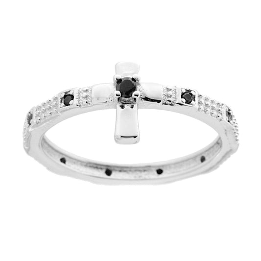 Rosenkranzring mit Kreuz und schwarzen Zirkonen aus 925er Silber, rhodiniert. - MeinSchmuckShop