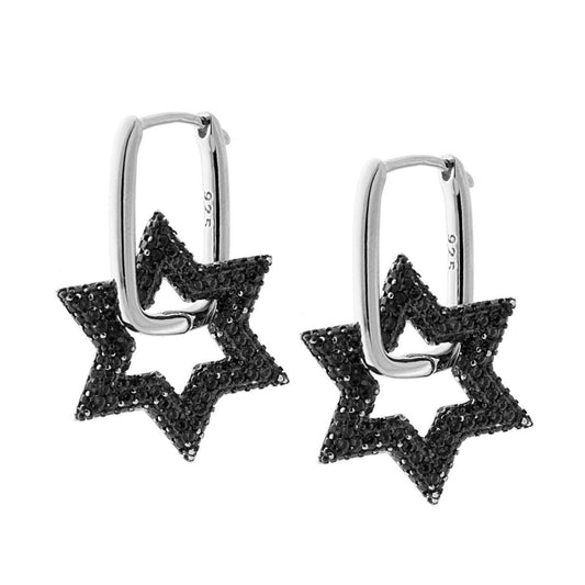 Ohrringe mit englischem Verschluss, Stern-Anhänger und schwarze Zirkone aus rhodiniertem 925er Silber. - MeinSchmuckShop