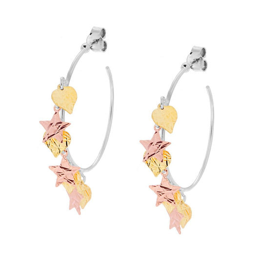 Ohrringe in Kreisform mit gehämmerten Herzen und Sternen, hängend, aus 925er Silber, Roségold- und Rhodium-Plattierung. - MeinSchmuckShop