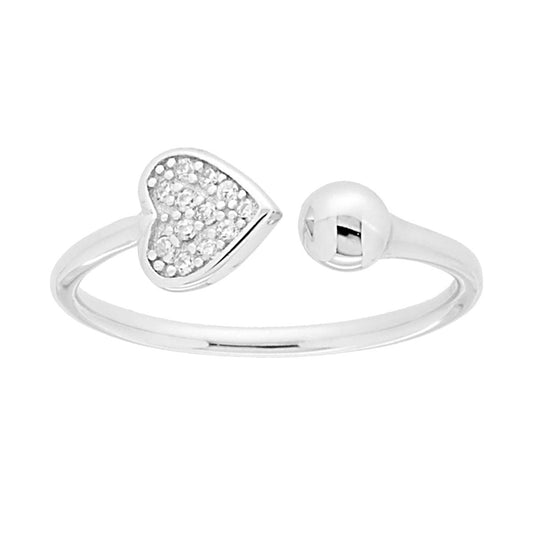 Ring mit Herz, weißen Cubic Zirconia und Kugel aus 925er Silber, rhodiniert. - MeinSchmuckShop