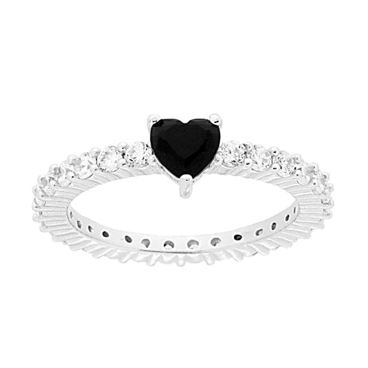 Eternity-Ring mit umlaufenden weißen Cubic Zirconia und schwarzem Herz aus 925er Silber, rhodiniert - MeinSchmuckShop